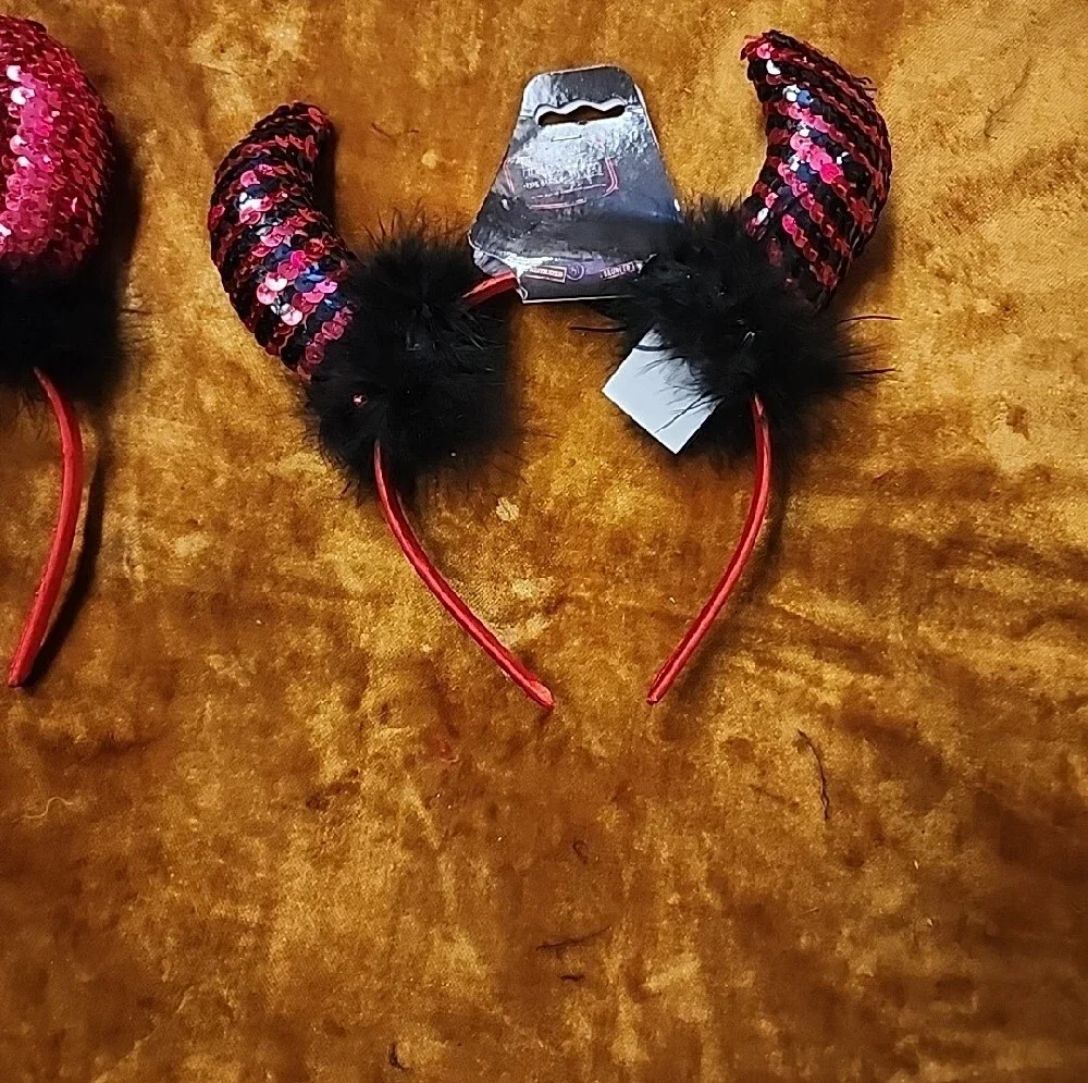 3pc Sequin Devil Horn Headband - Red & Black